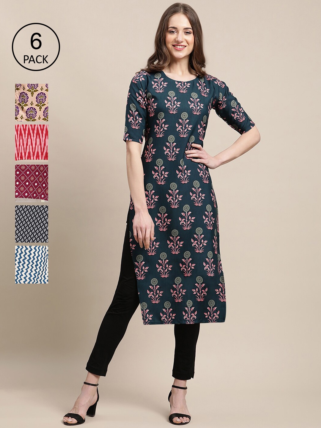 

7Threads Women Pack Of 6 Printed Crepe Straight Kurta, Pink