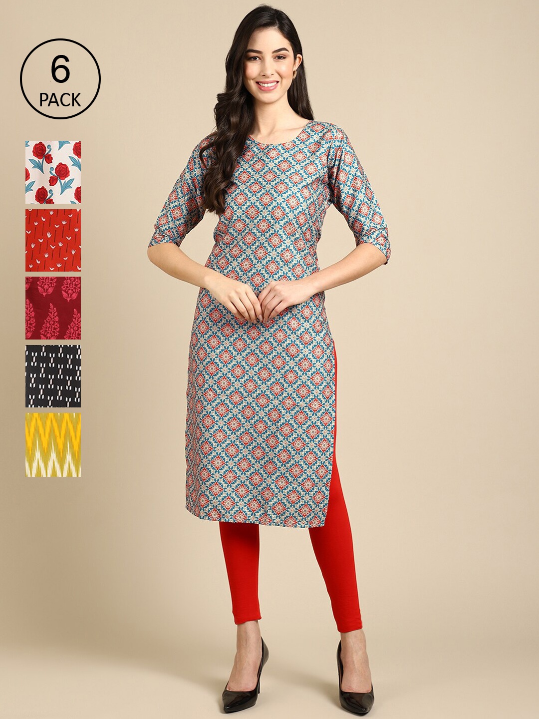 

7Threads Women Pack of 6 Red & Maroon Ethnic Motifs Printed Crepe Kurta