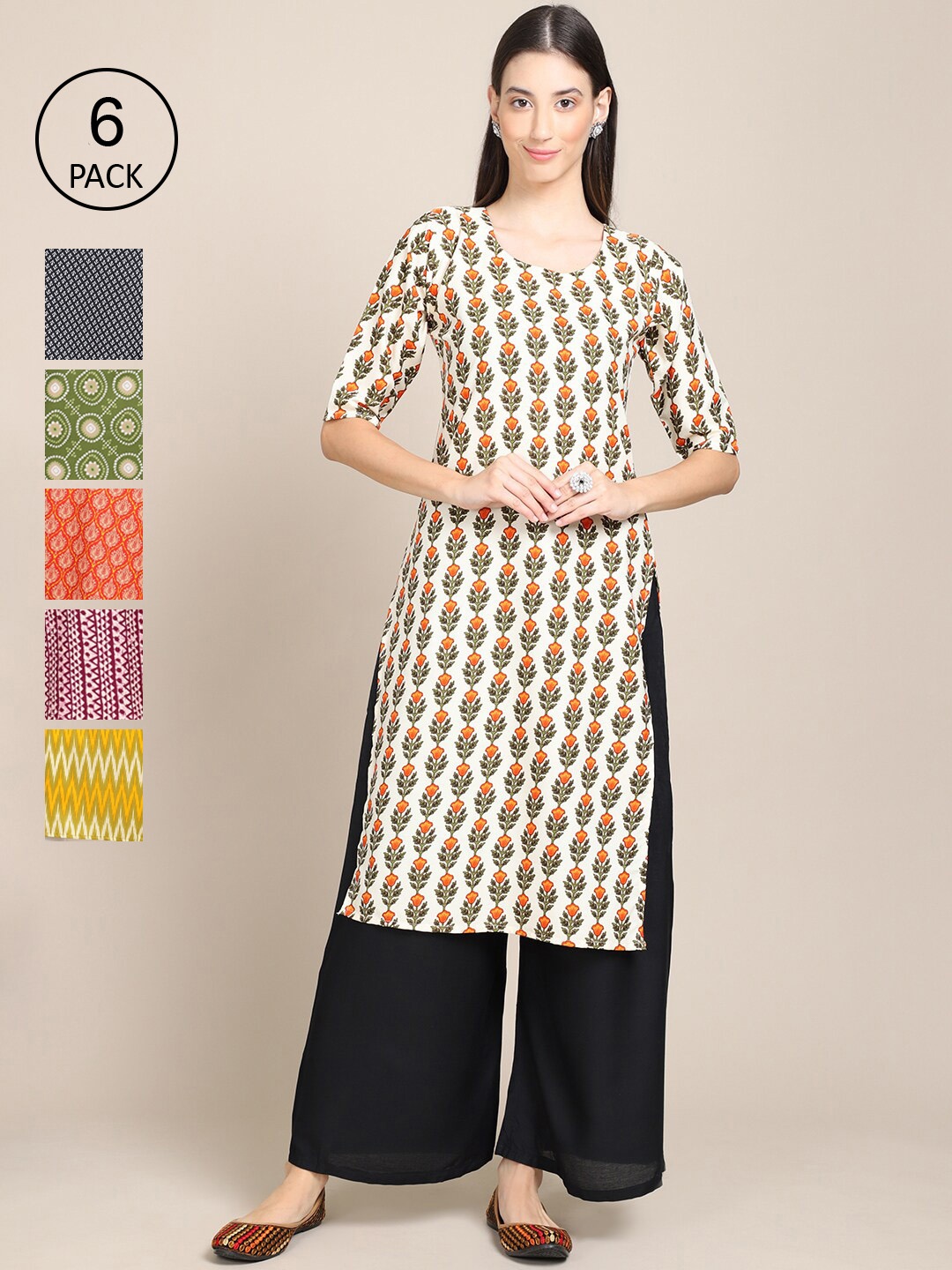 

7Threads Women Pack of 6 Digital Printed Crepe Straight Kurtas, Green