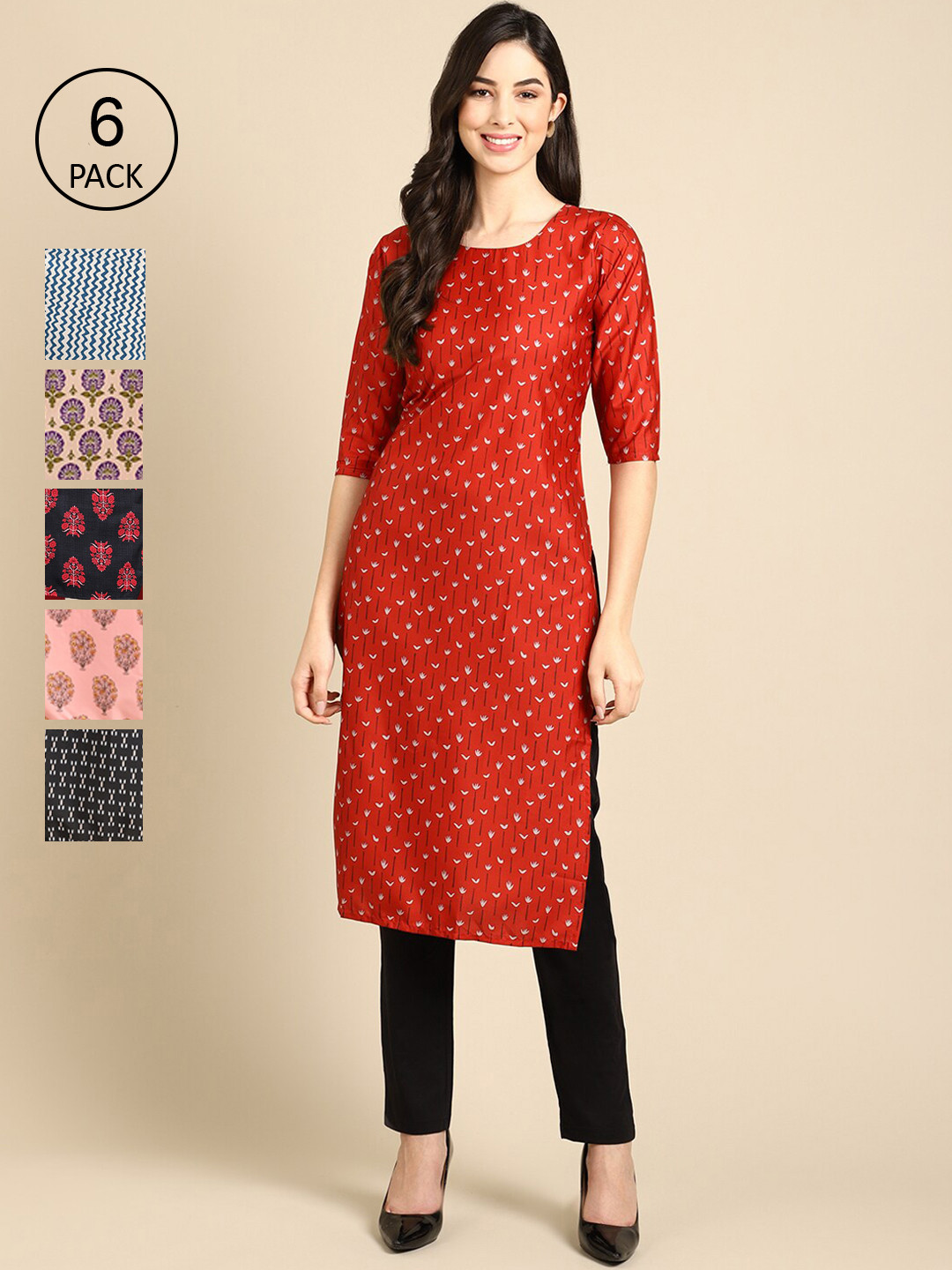 

7Threads Women Pack of 6 Digital Printed Crepe Straight Kurtas, Red