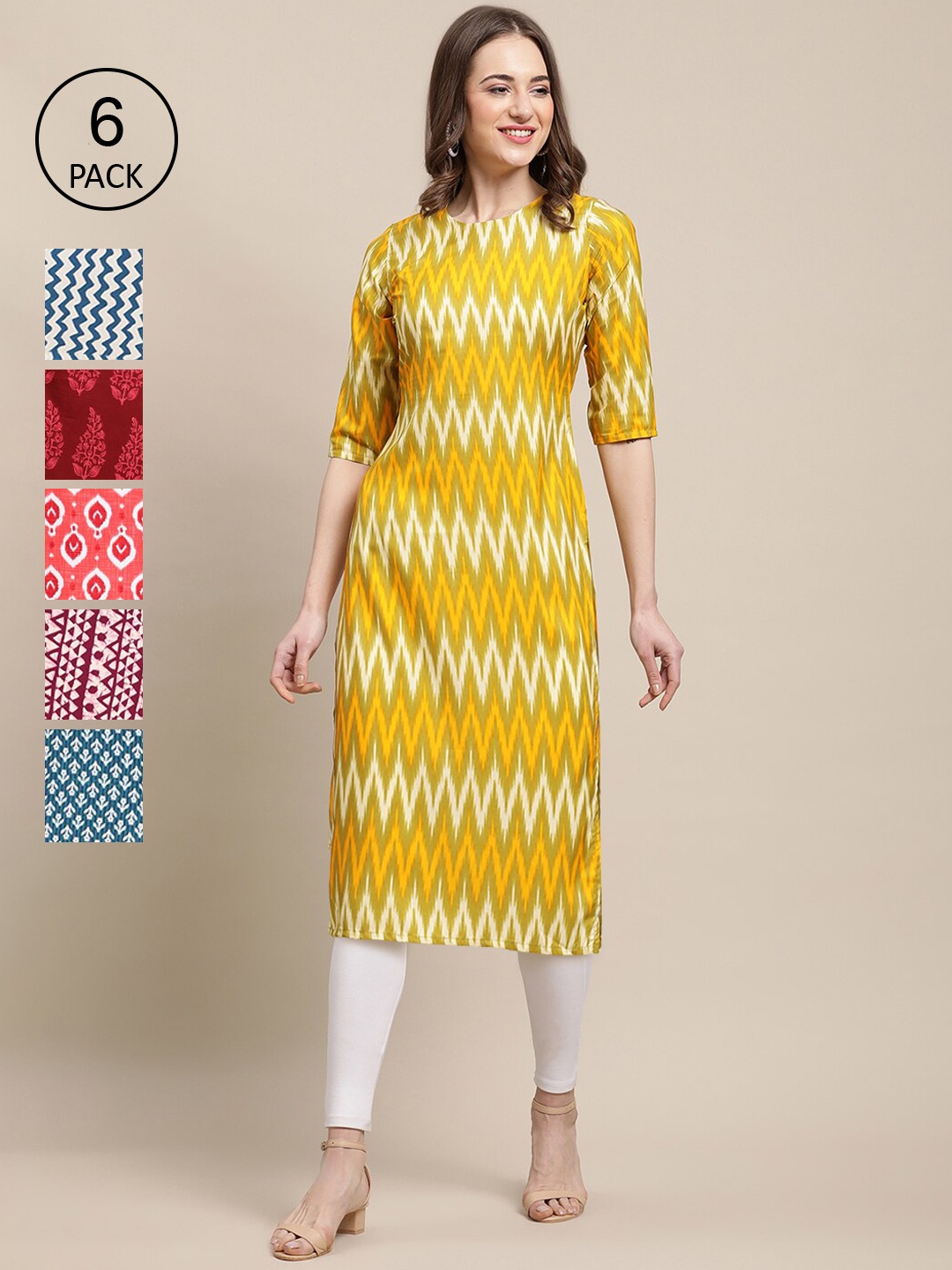 7Threads Women Pack of 6 Yellow & Red Printed Crepe Straight Kurtas