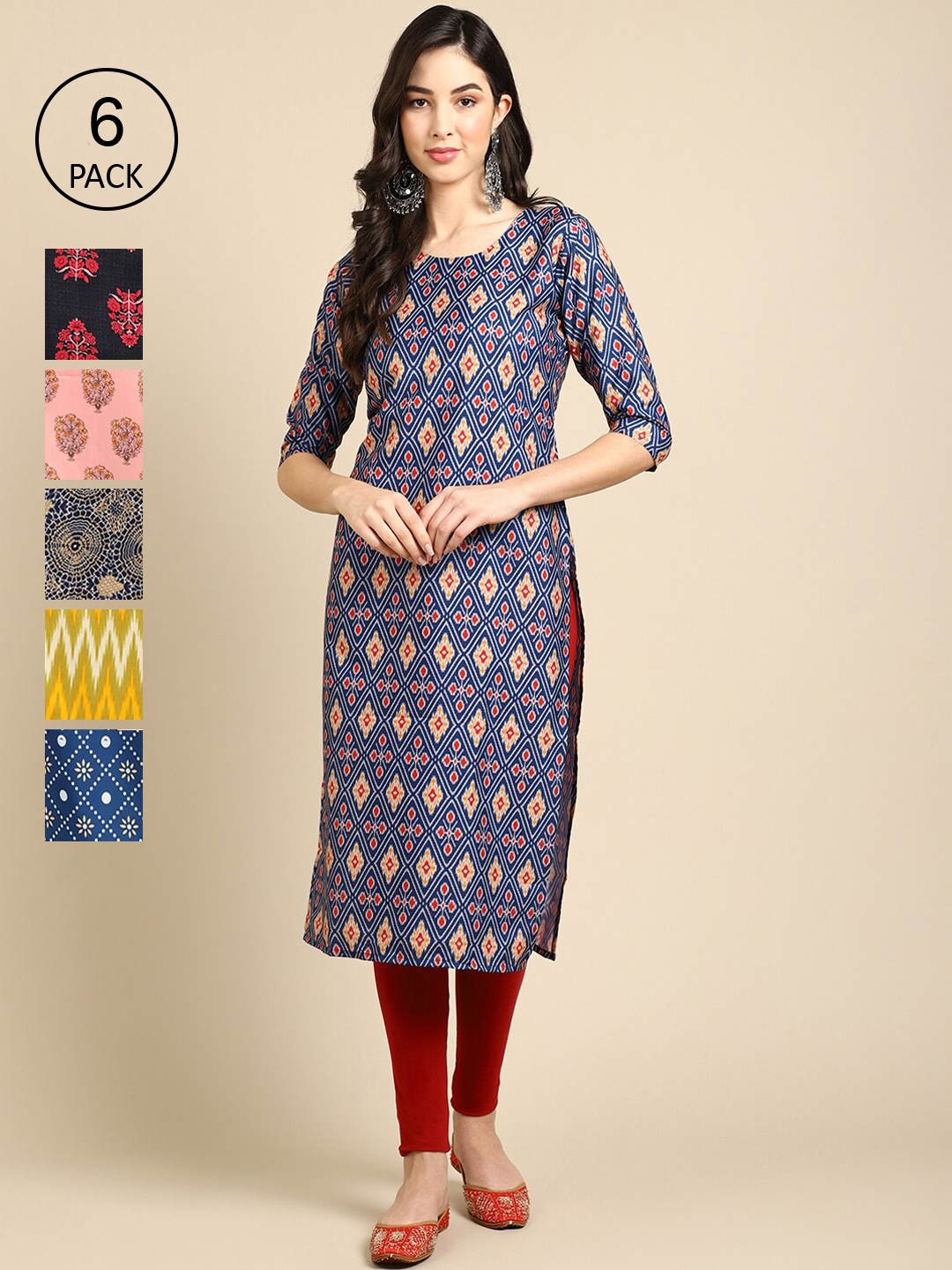 

7Threads Pack of 6 Women Black & Blue Ethnic Motifs Printed Crepe Kurta
