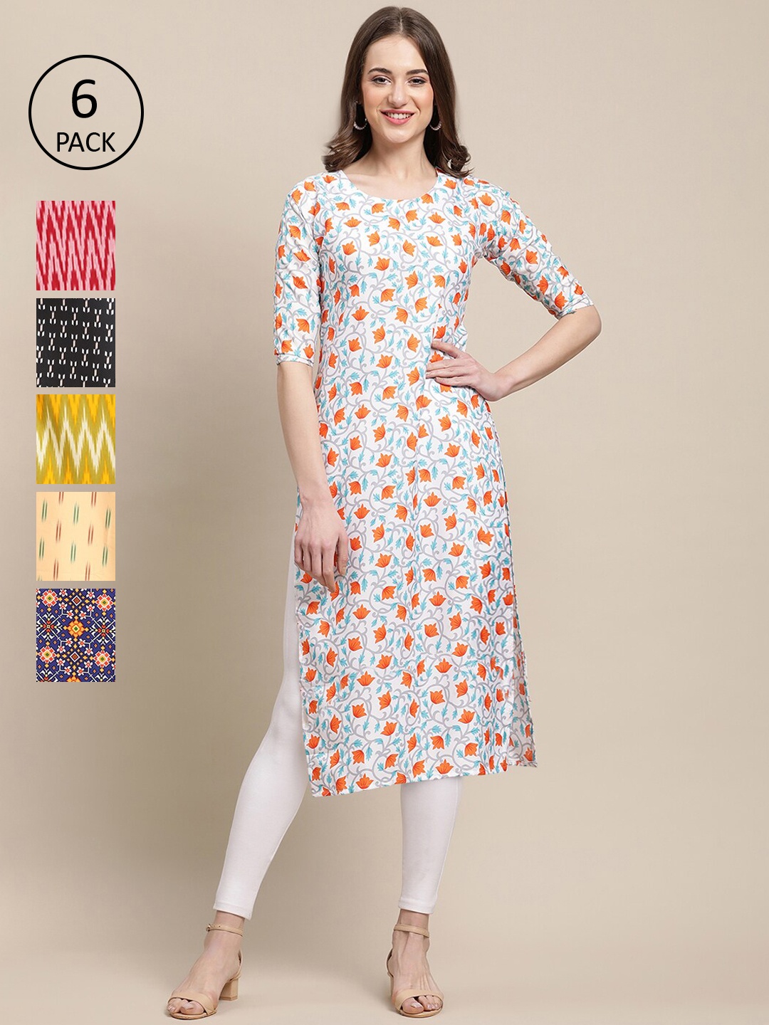 

7Threads Pack of 6 Women Beige & Yellow Floral Printed Floral Crepe Kurta