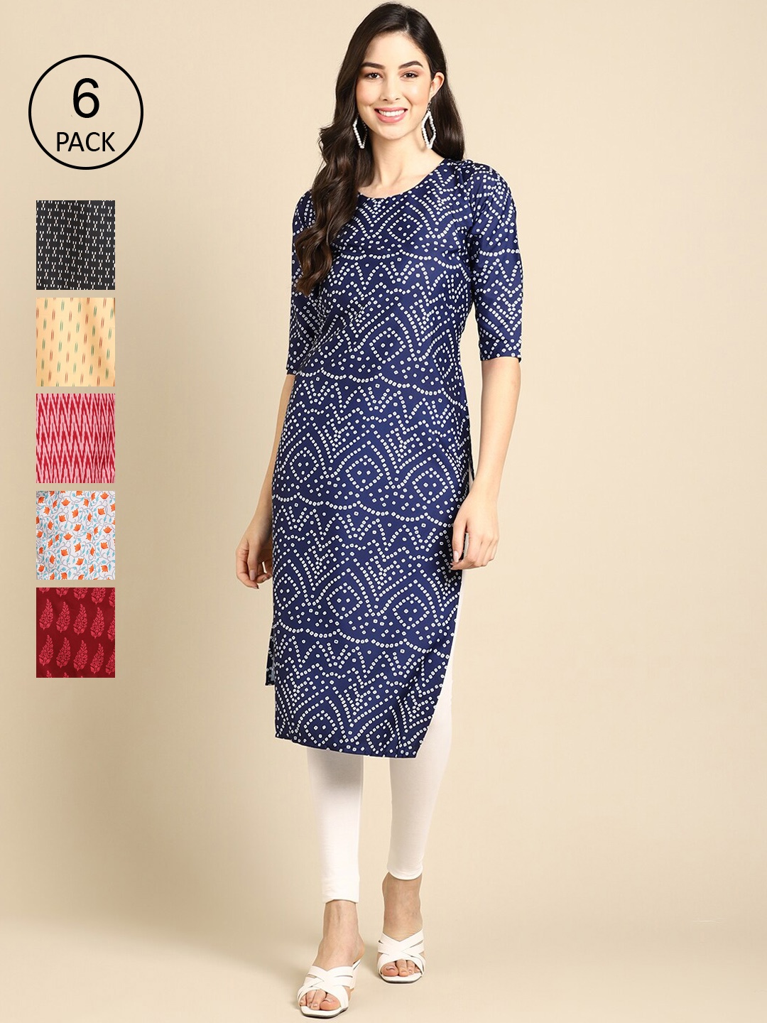 7Threads Women Multicoloured Pack of 6 Geometric Printed Crepe Kurta, Multi