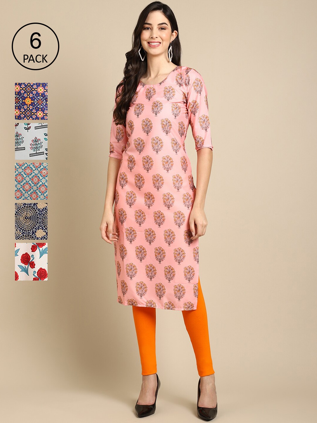 

7Threads Women Pink & Blue Pack Of 6 Geometric Printed Summer Sheers Crepe Kurta