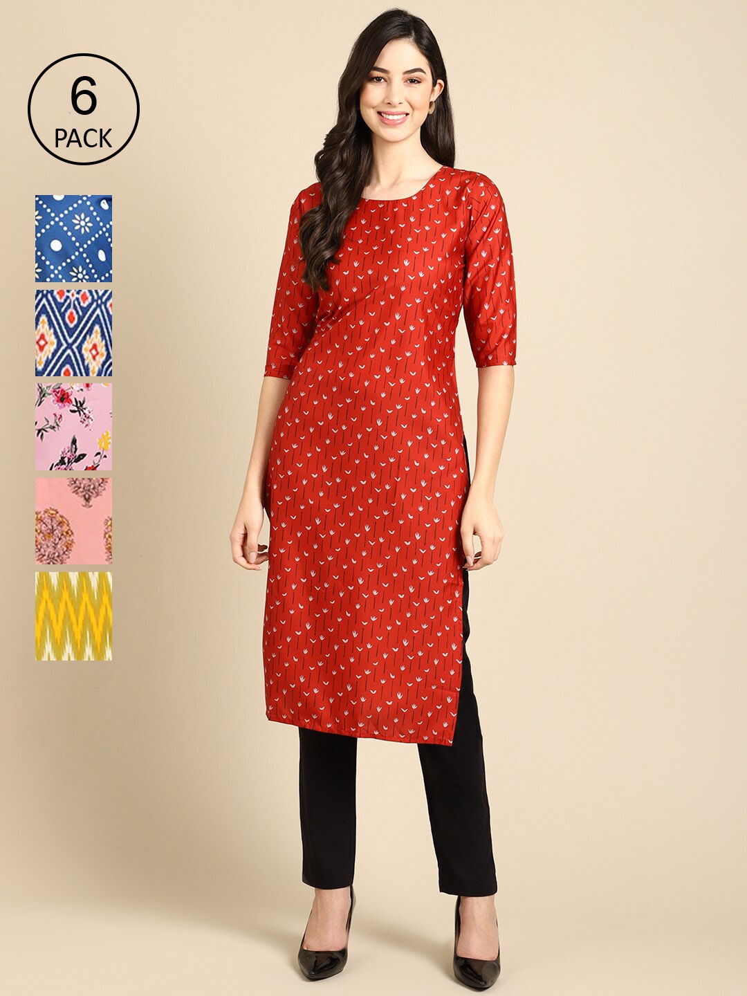 

7Threads Women Pink & Blue Pack Of 6 Geometric Printed Summer Sheers Crepe Kurta