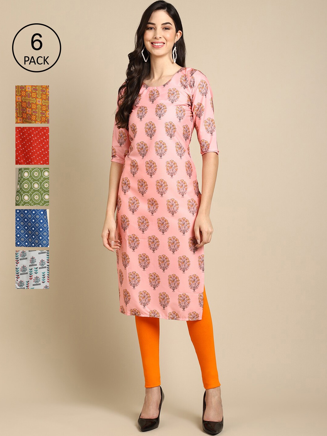 

7Threads Pack of 6 Women Peach & Green Ethnic Motifs Printed Pure Crepe Kurta