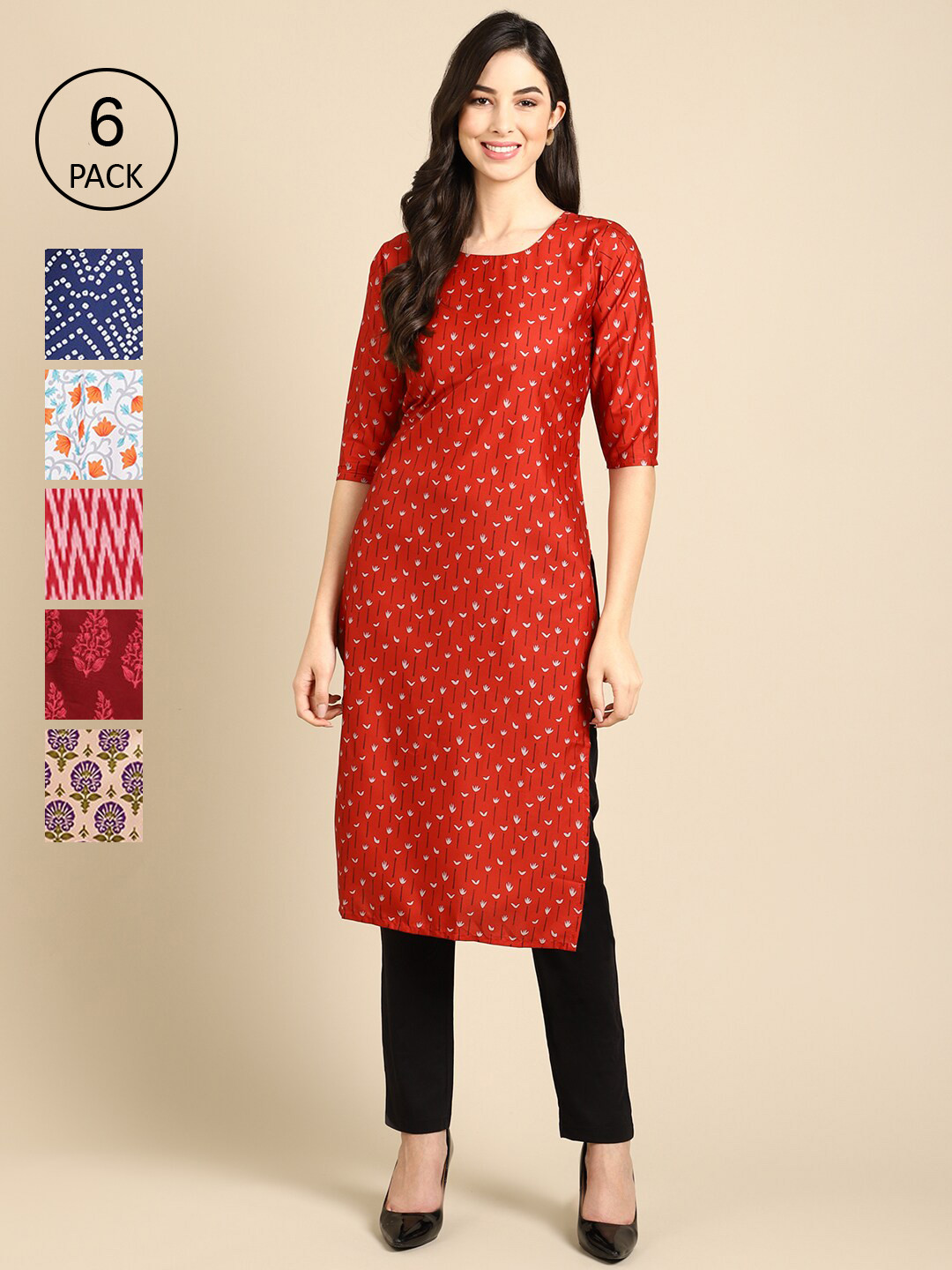 

7Threads Women Pack Of 6 Red & Blue Floral Printed Floral Crepe Kurta