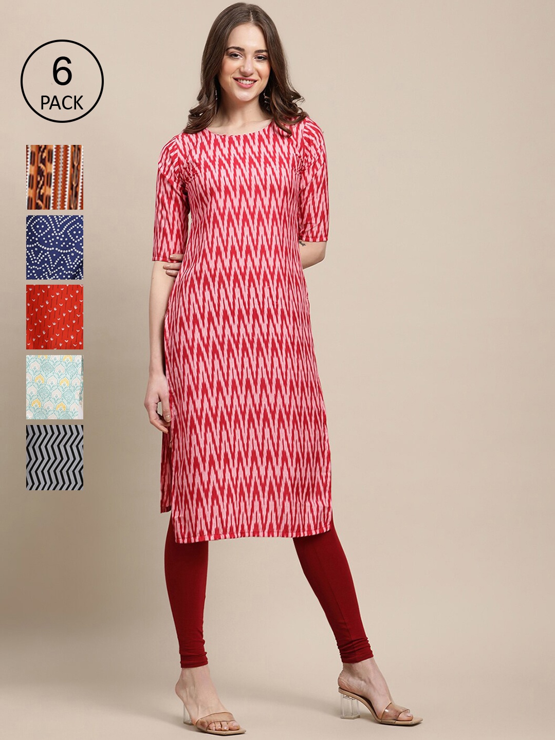 7Threads Women Multicoloured Pack Of 6 Geometric Printed Crepe Kurta, Multi
