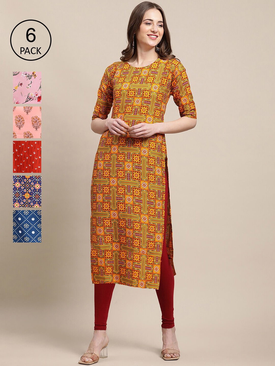 

7Threads Women Multicoloured Pack Of 6 Ethnic Motifs Printed Crepe Kurta, Multi