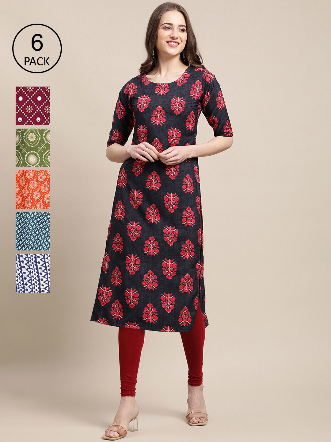 

7Threads Women Pack of 6 Ethnic Motifs Summer Sheers Crepe Kurta, Green