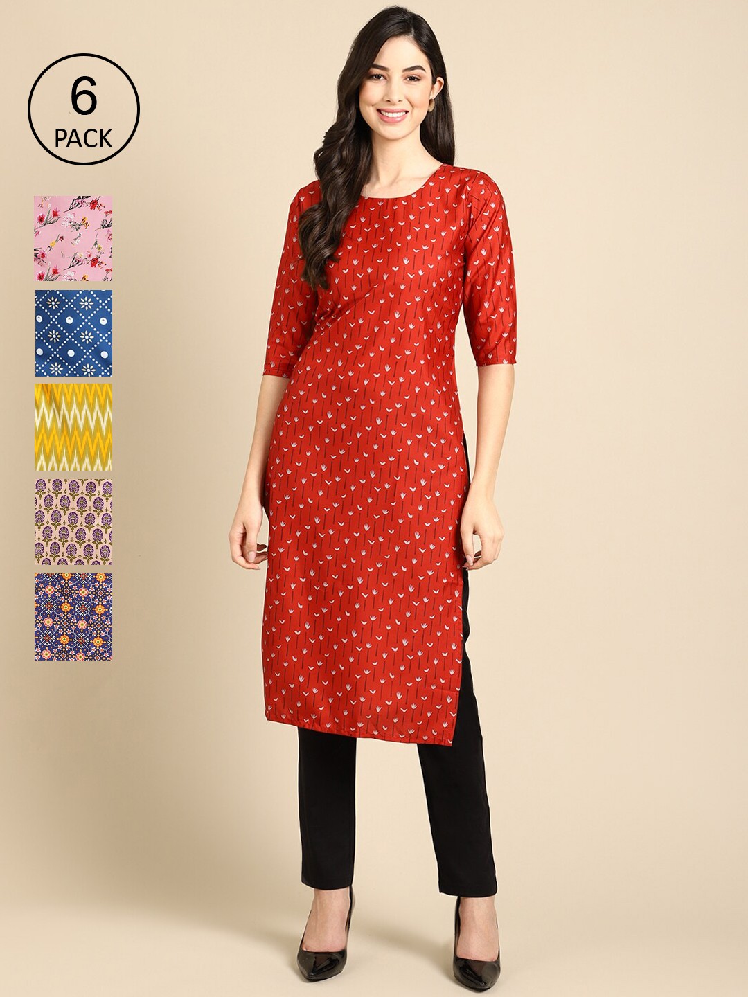 

7Threads Women Pack Of 6 Ethnic Motifs Printed Summer Sheers Crepe Kurta, Yellow