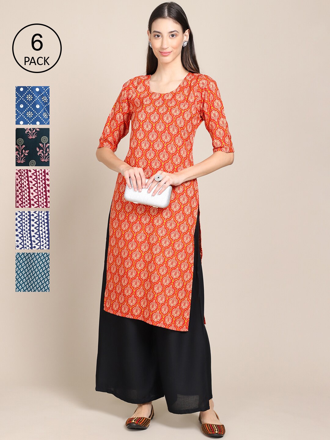 

7Threads Women Pack Of 6 Ethnic Motifs Printed Summer Sheers Crepe Kurta, Blue