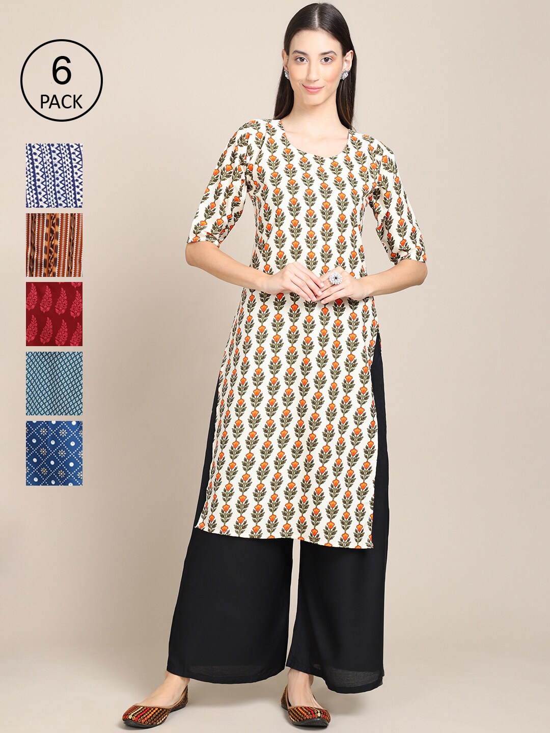

7Threads Women Pack of 6 Printed Crepe Kurta, Cream