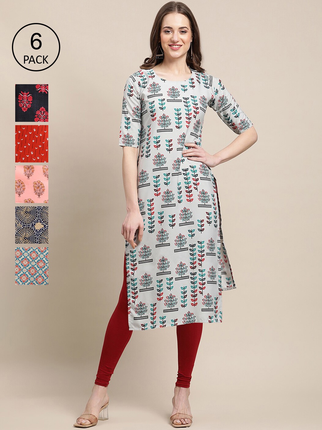 

7Threads Women Pack Of 6 Multicoloured Ethnic Motifs Printed Crepe Kurta, Multi