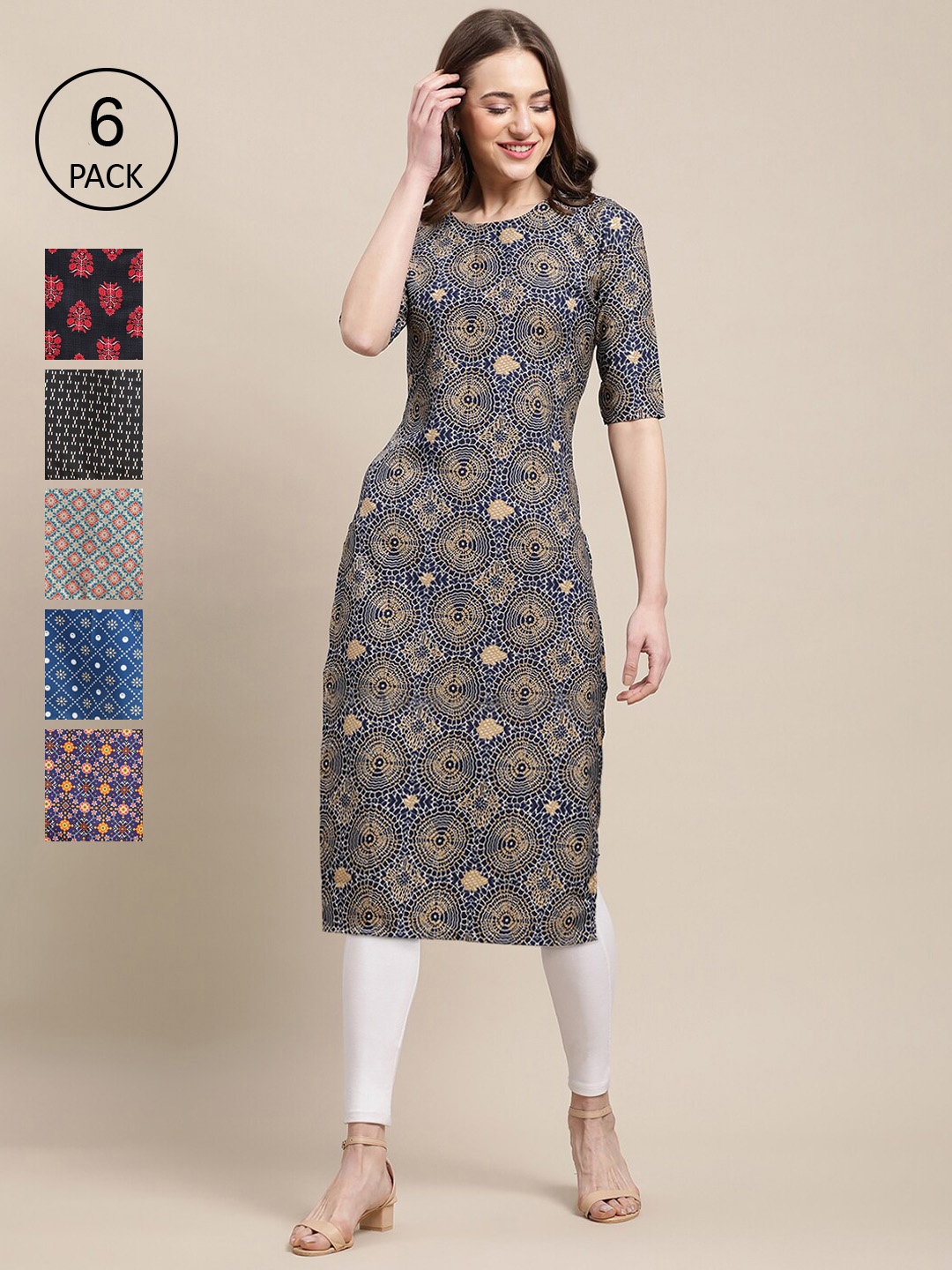 7Threads Women Pack Of 6 Multicoloured Ethnic Motifs Printed Crepe Kurta, Multi