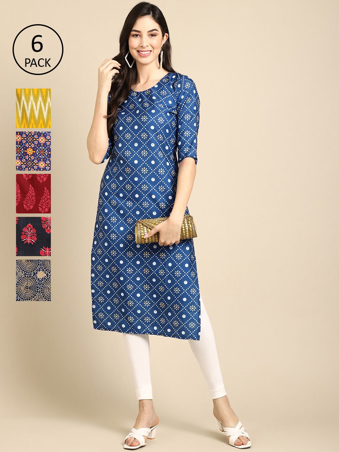 

7Threads Women Pack Of 6 Ethnic Motifs Summer Sheers Crepe Kurta, Blue