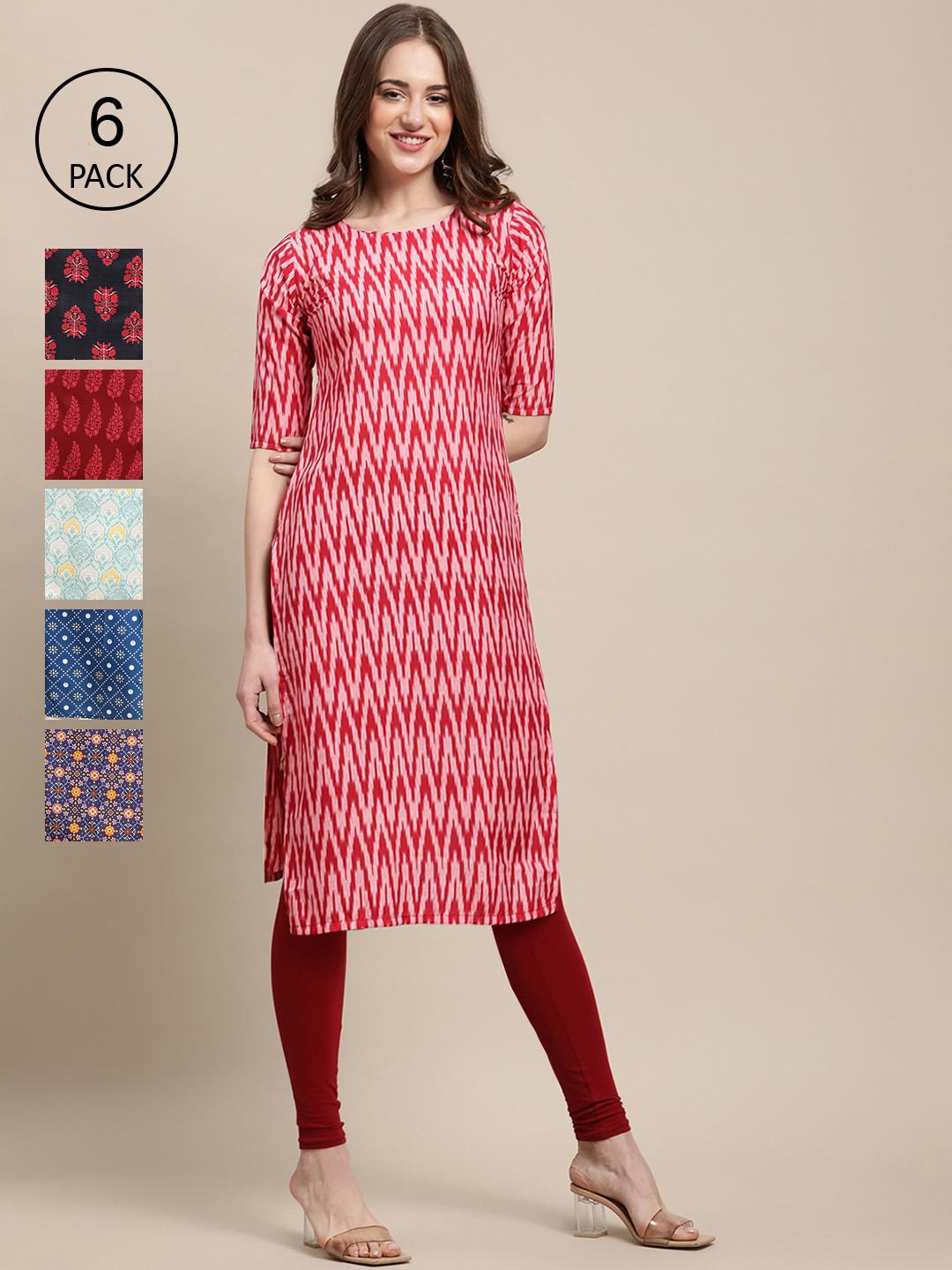 

7Threads Women Pack Of 6 Ethnic Motifs Summer Sheers Crepe Kurta, Pink