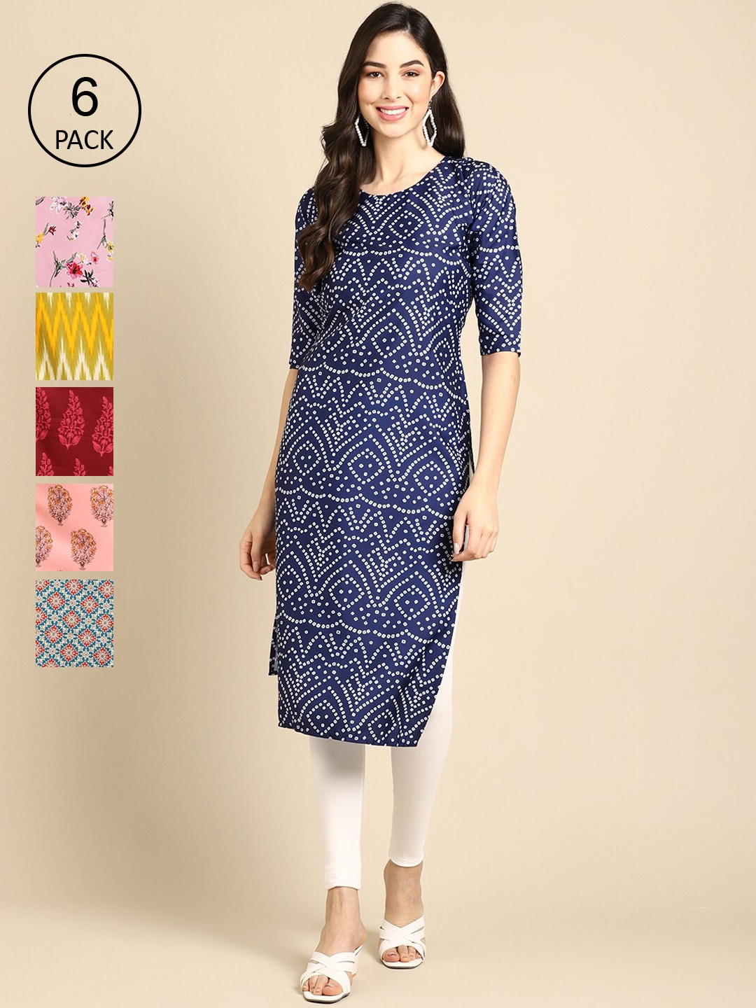 7Threads Women Pack of 6 Geometric Print Summer Sheers Crepe Kurta, Blue