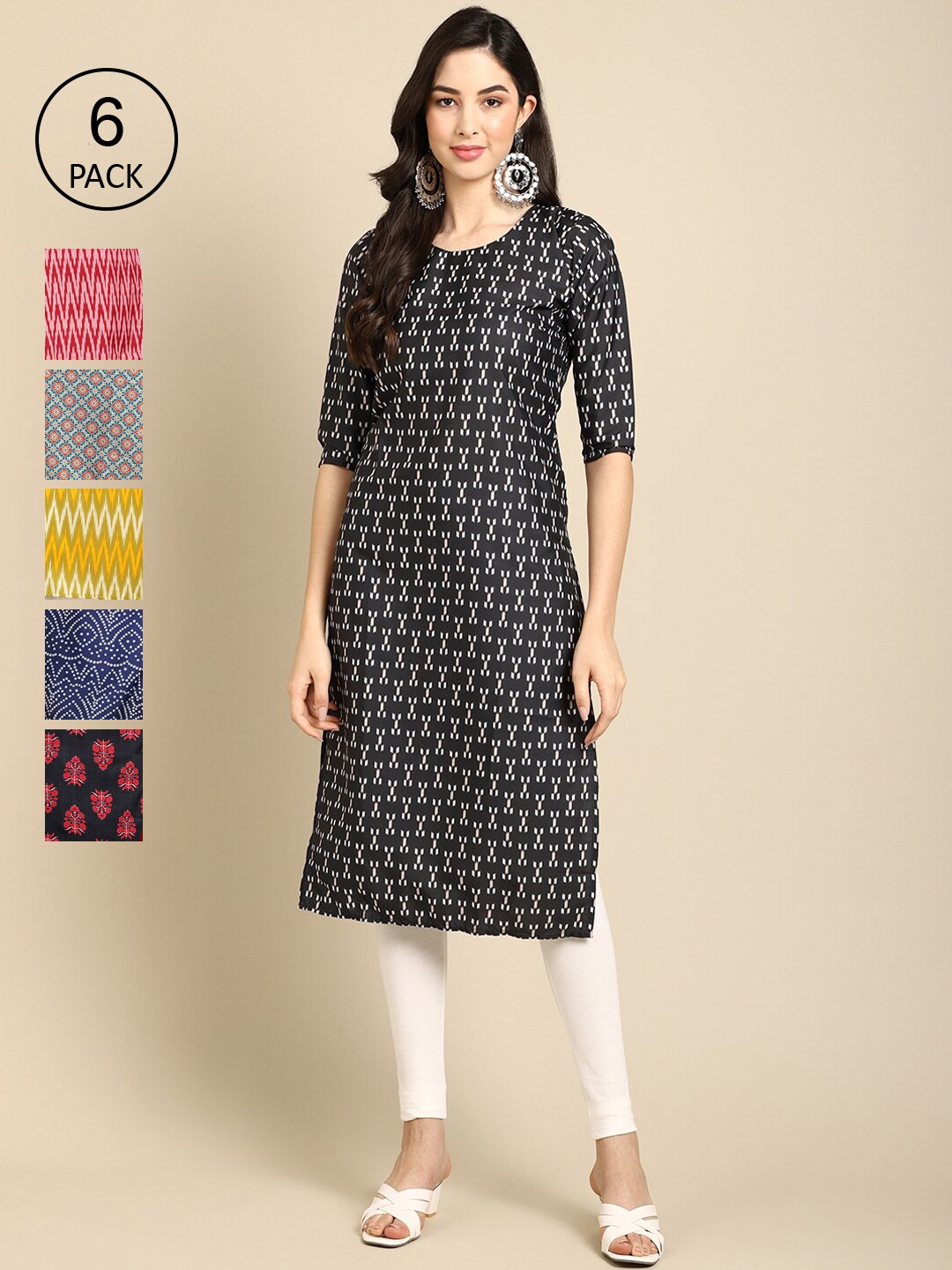 

7Threads Women Pack of 6 Geometric Printed Summer Sheers Crepe Kurta, Red