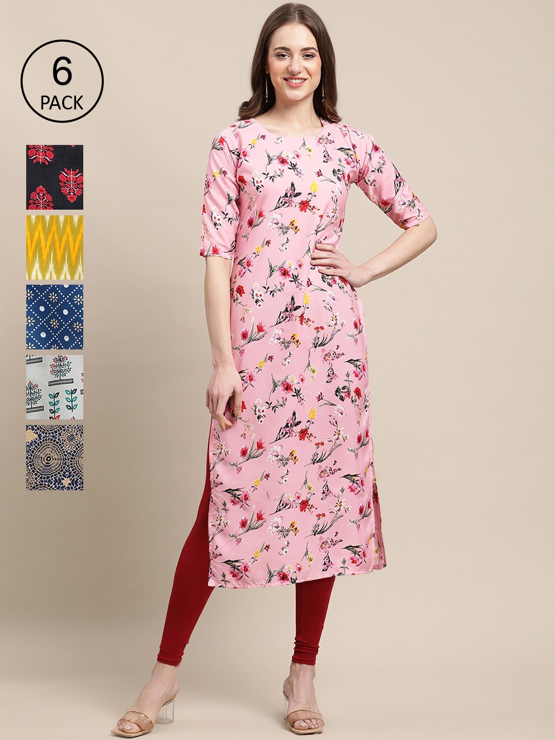 

7Threads Women Pack Of 6 Summer Sheers Crepe Kurta, Pink