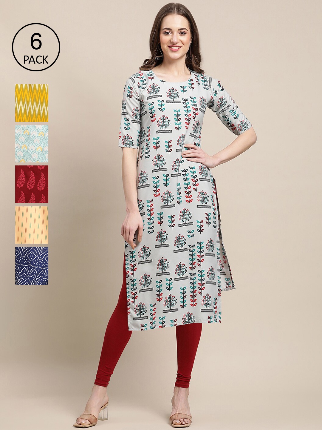 

7Threads Women Grey & Yellow Pack Of 6 Floral Printed Crepe Kurtas