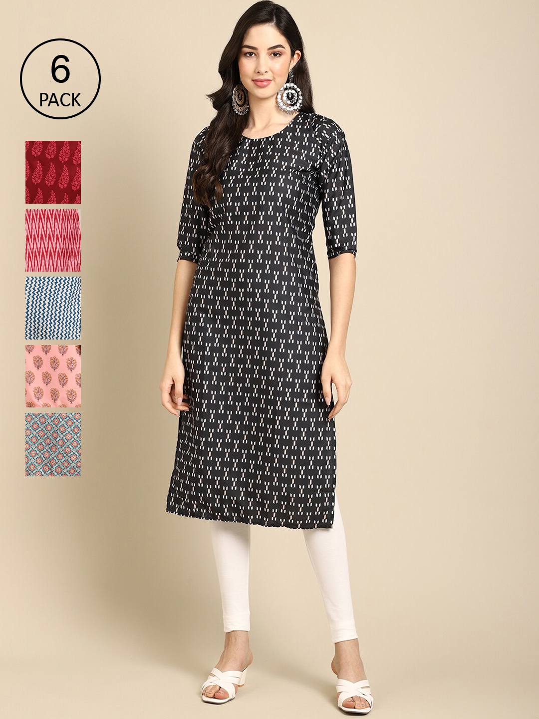 

7Threads Women Black & Red Pack Of 6 Geometric Printed Crepe Kurtas