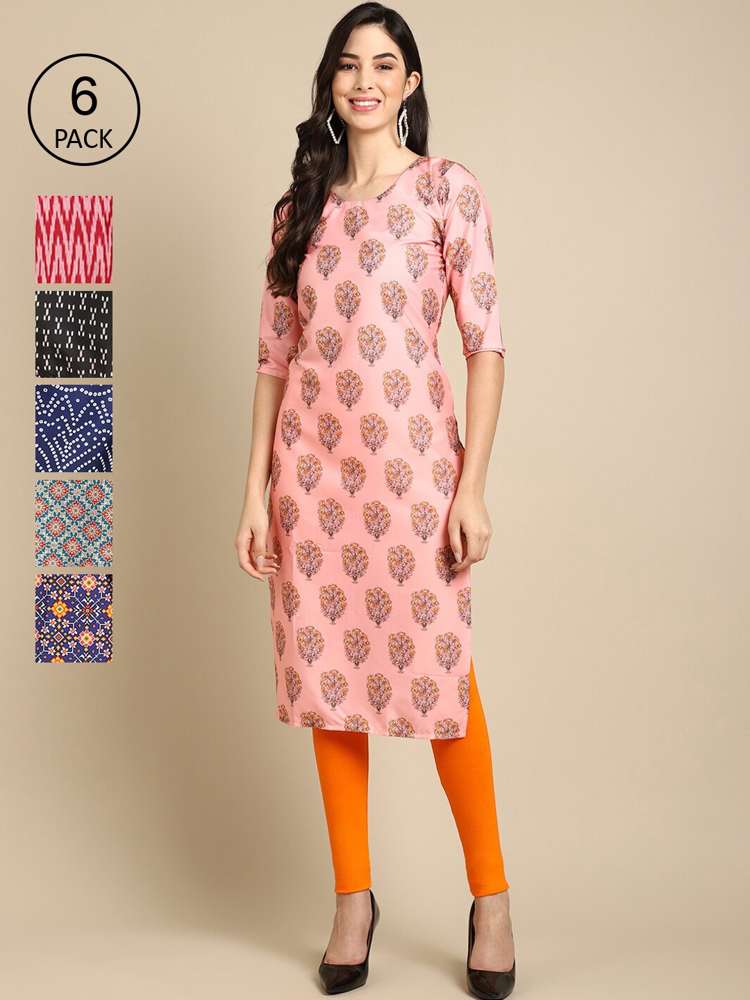 

7Threads Pack Of 6 Women Printed Crepe Kurta, Black