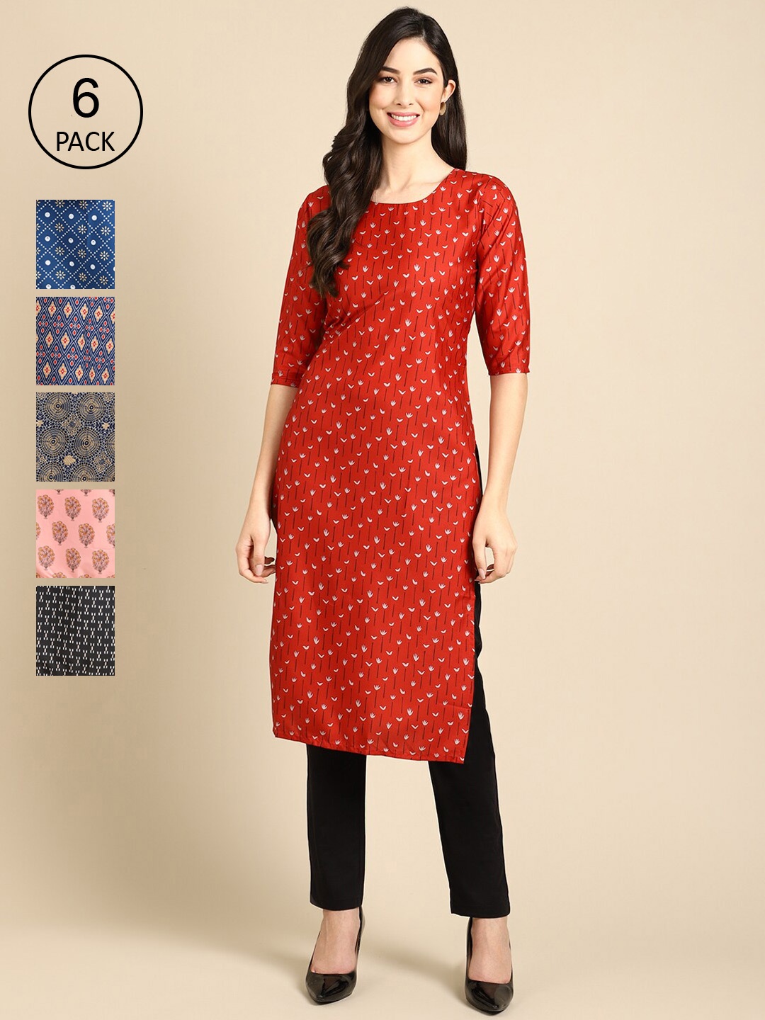 7Threads Pack Of 6 Women Printed Crepe Kurta, Red