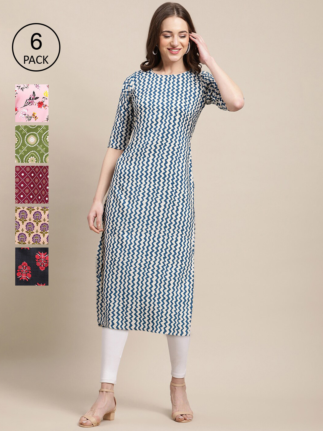 

7Threads Pack of 6 Women Printed Straight Crepe Kurta, Multi
