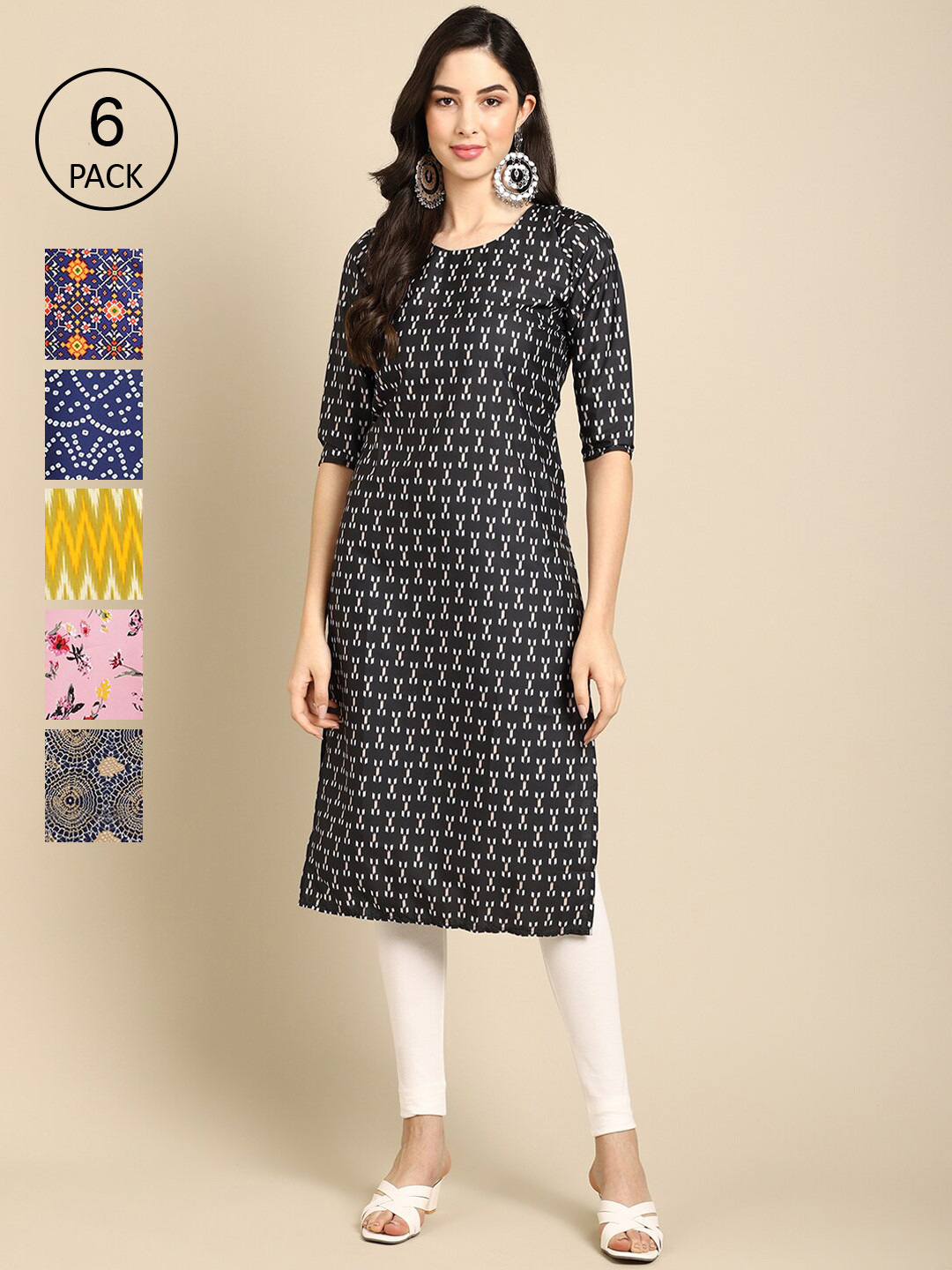 

7Threads Pack of 6 Women Printed Straight Crepe Kurta, Multi