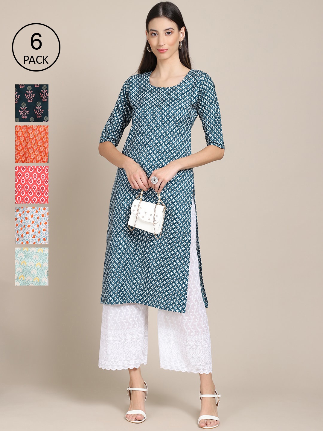 

7Threads Women Pack Of 6 Multicoloured Geometric Printed Summer Sheers Crepe Kurta, Multi