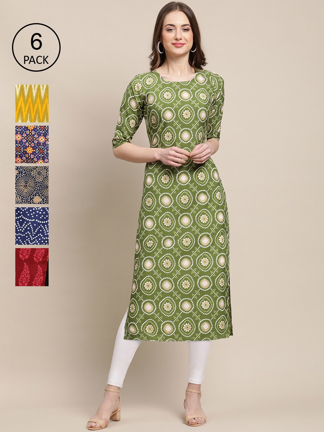 

7Threads Women Pack of 6 Green & Yellow Geometric Printed Crepe Kurta