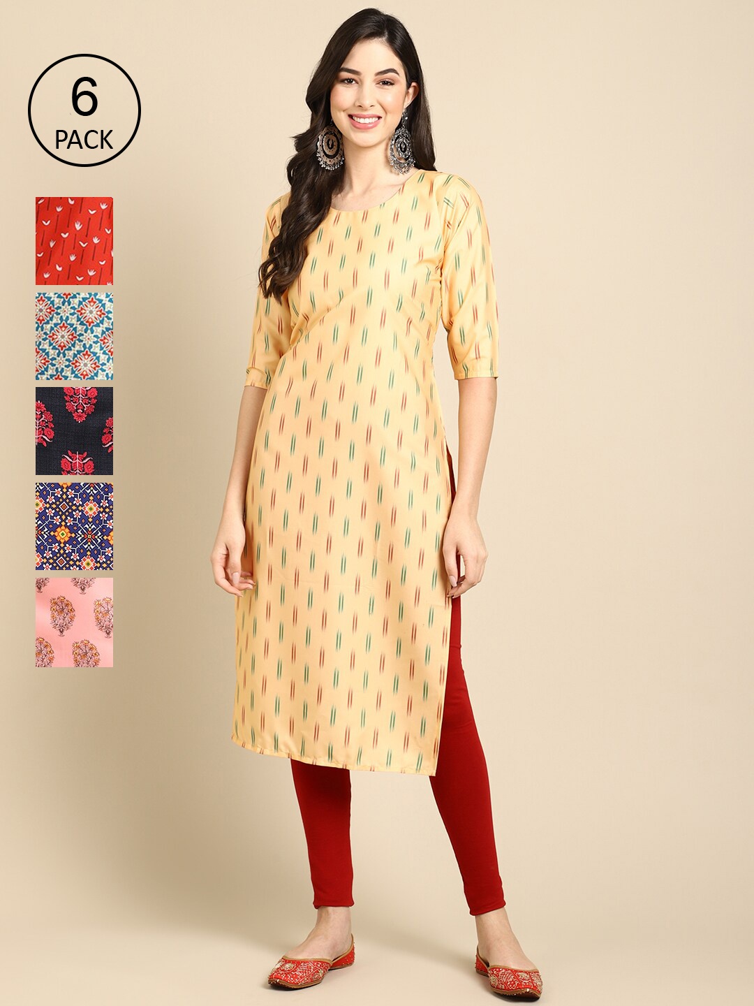 7Threads Women PACK OF 6 Beige & Red Geometric Printed Crepe Kurta