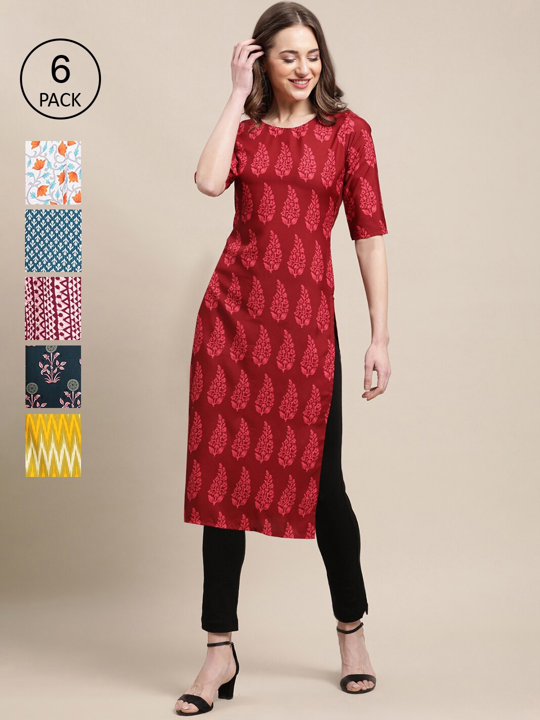 

7Threads Women Set Of 6 Red & Yellow Ethnic Motifs Printed Crepe Kurta