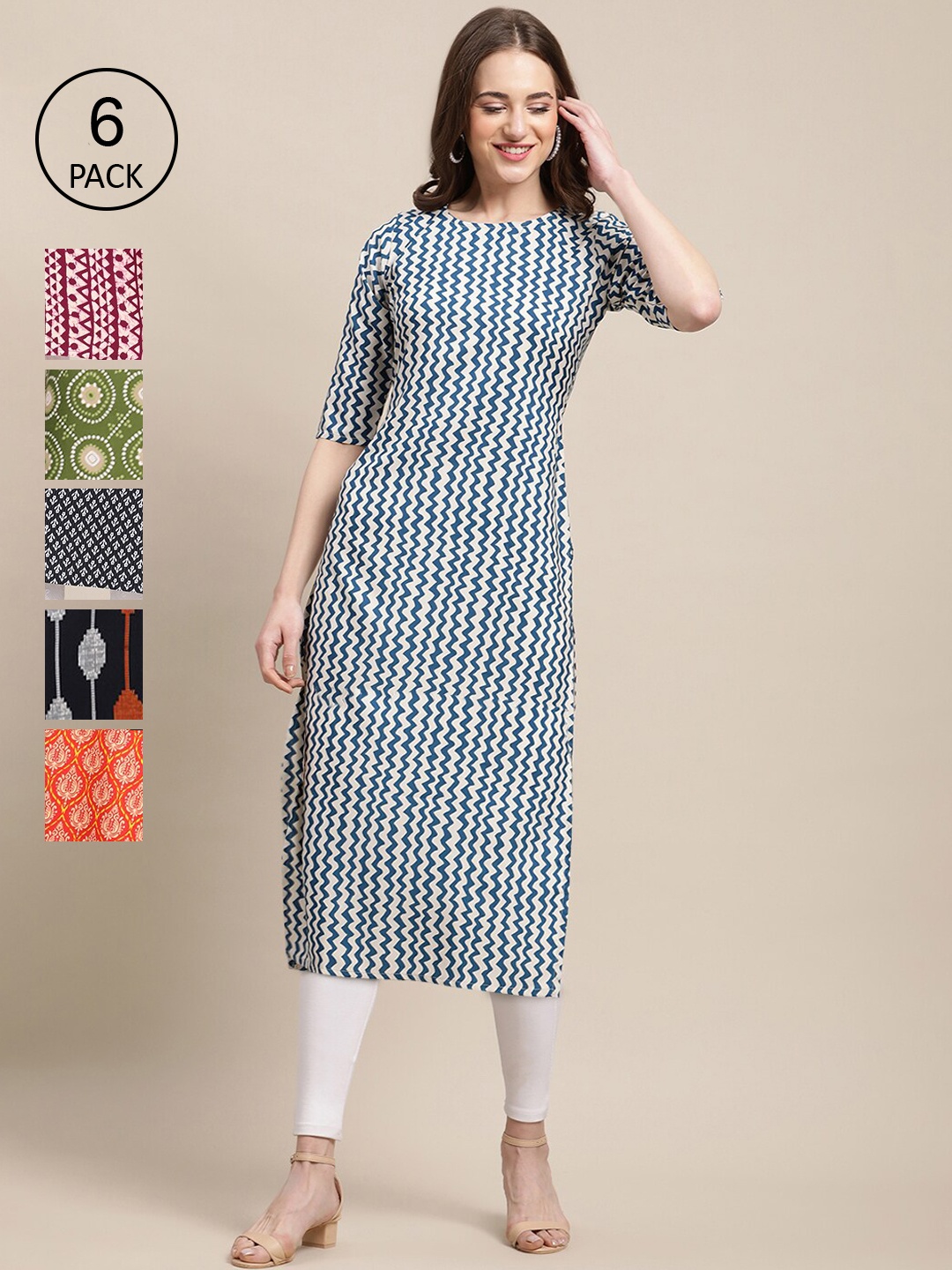 7Threads Women Pack of 6 Blue & Green Geometric Printed Crepe Kurta