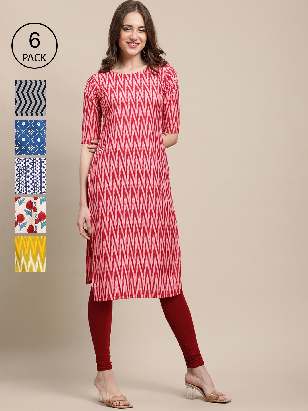 

7Threads Women Pack Of 6 Pink & Off White Geometric Printed Crepe Kurta