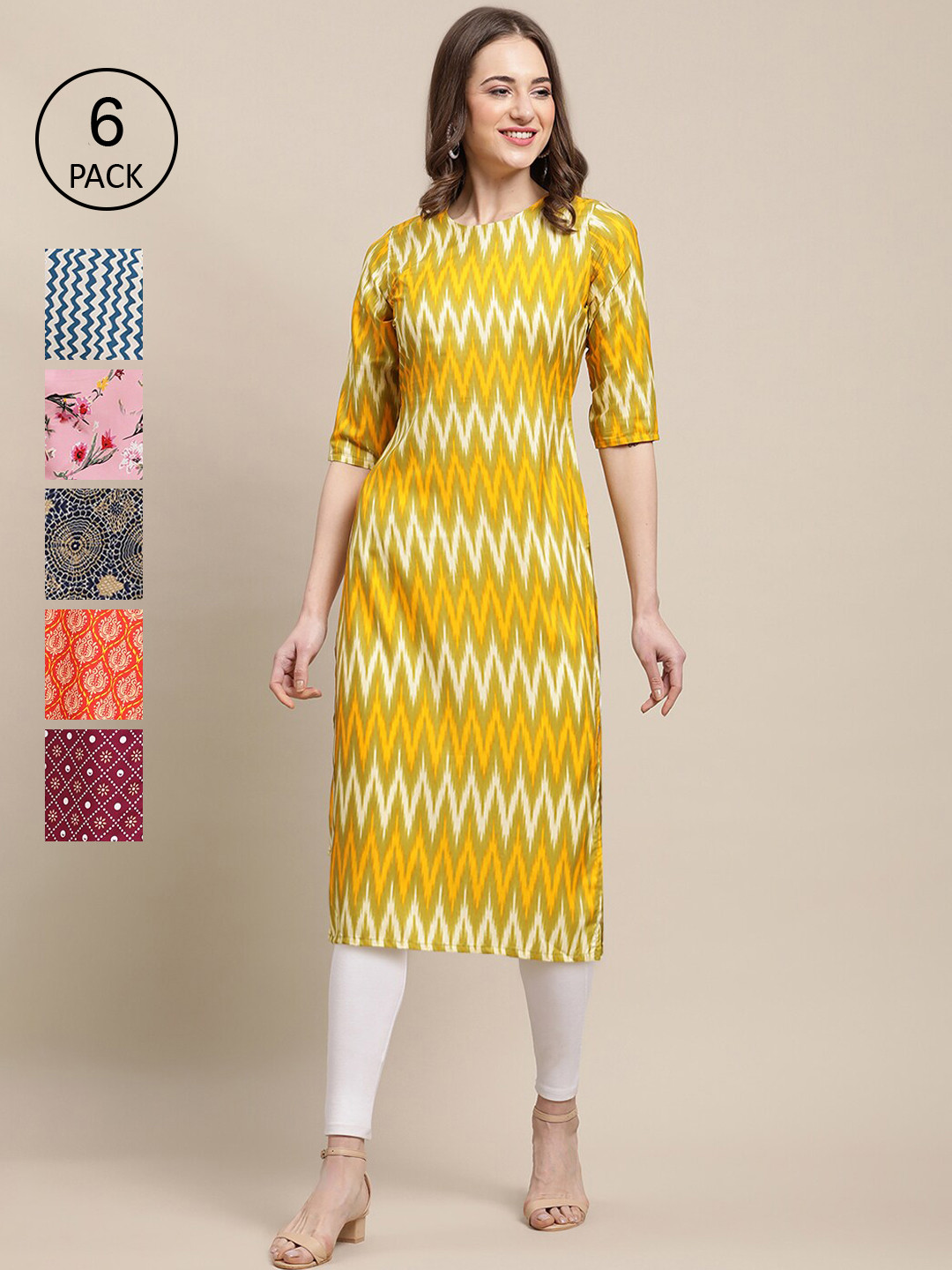 

7Threads Women Set of 6 Printed Crepe Kurta, Mustard