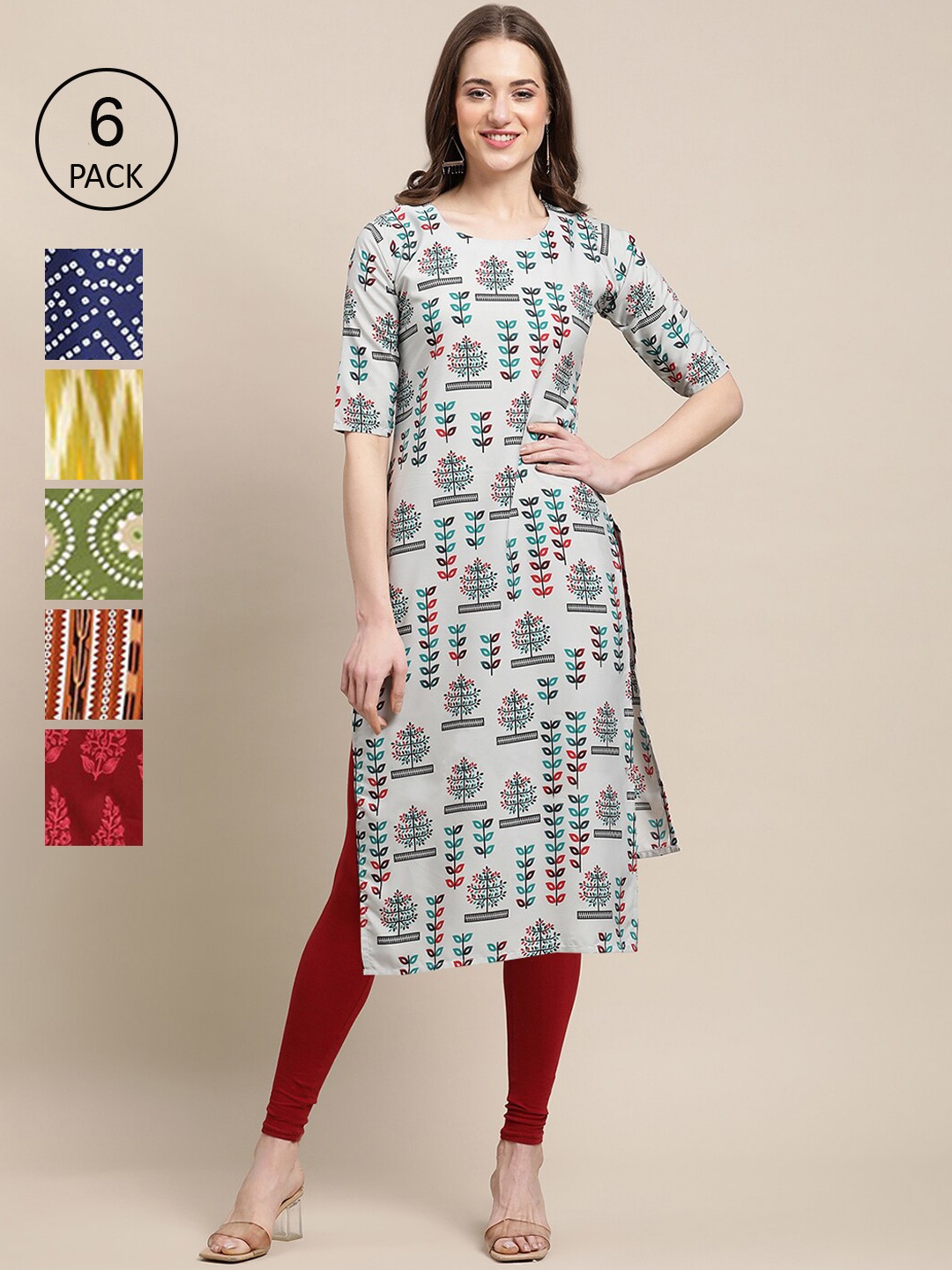 7Threads Women Pack of 6 Printed Crepe Kurta, Grey