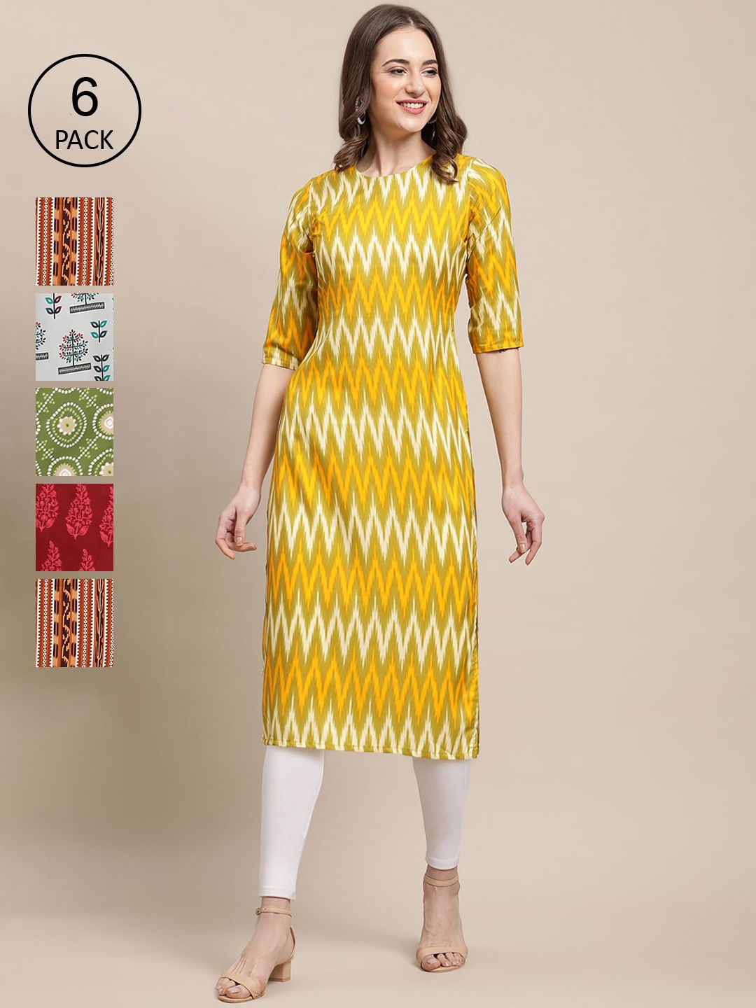 7Threads Women Pack of 6 Printed Crepe Kurta, Yellow