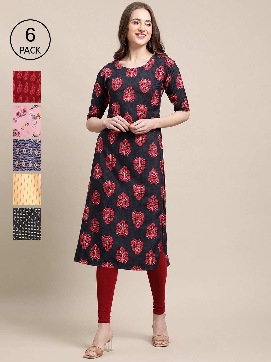 

7Threads Women Pack of 6 Printed Crepe Kurtas, Black
