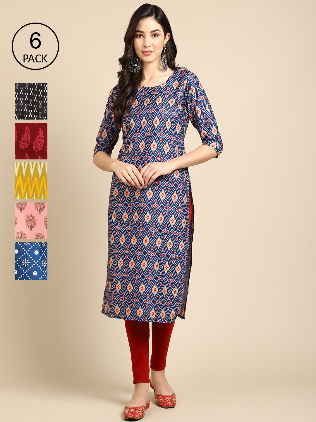 

7Threads Women Pack Of 6 Printed Summer Sheers Crepe Kurta, Maroon