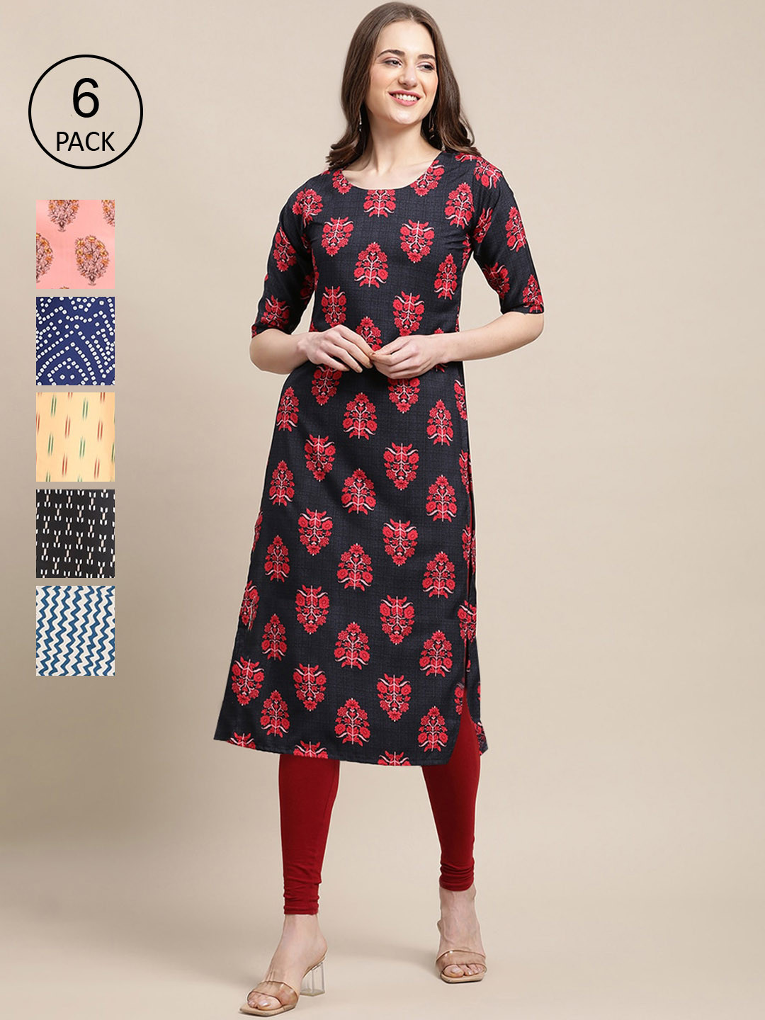 

7Threads Women Pack Of 6 Printed Summer Sheers Crepe Kurta, Black