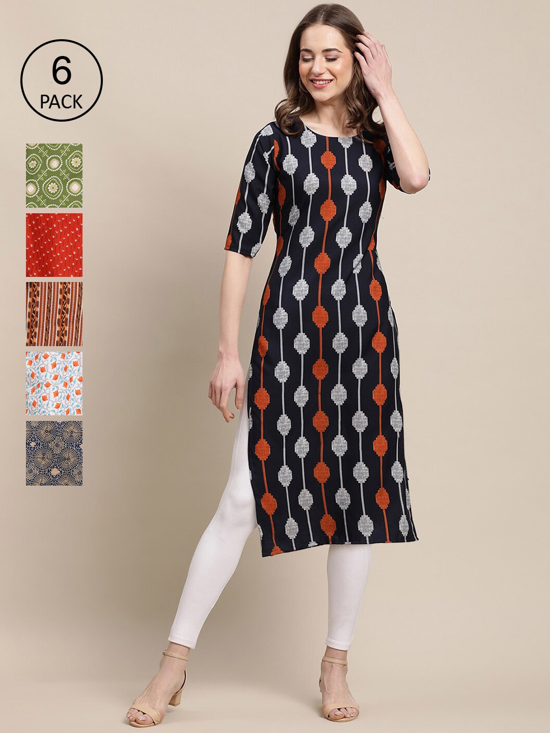 7Threads Women Pack Of 6 Printed Summer Sheers Crepe Kurta, Red