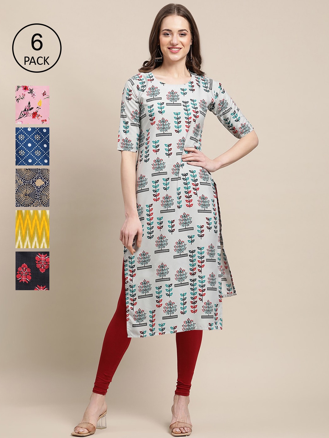 

7Threads Women Pack of 6 Floral Printed Summer Sheers Crepe Kurta, White