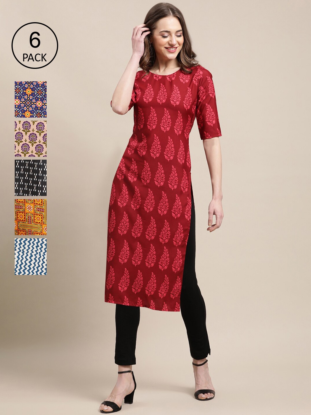 

7Threads Women Pack of 6 Ethnic Motifs Striped Crepe Kurta, Red
