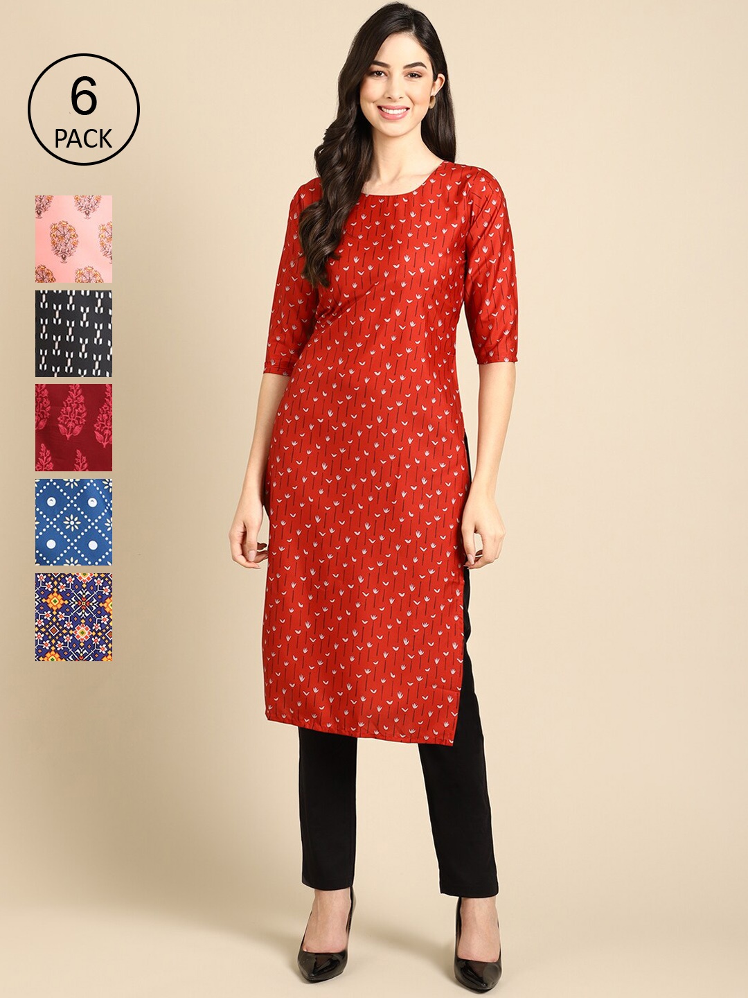 

7Threads Women Pack of 6 Printed Crepe Kurta, Maroon