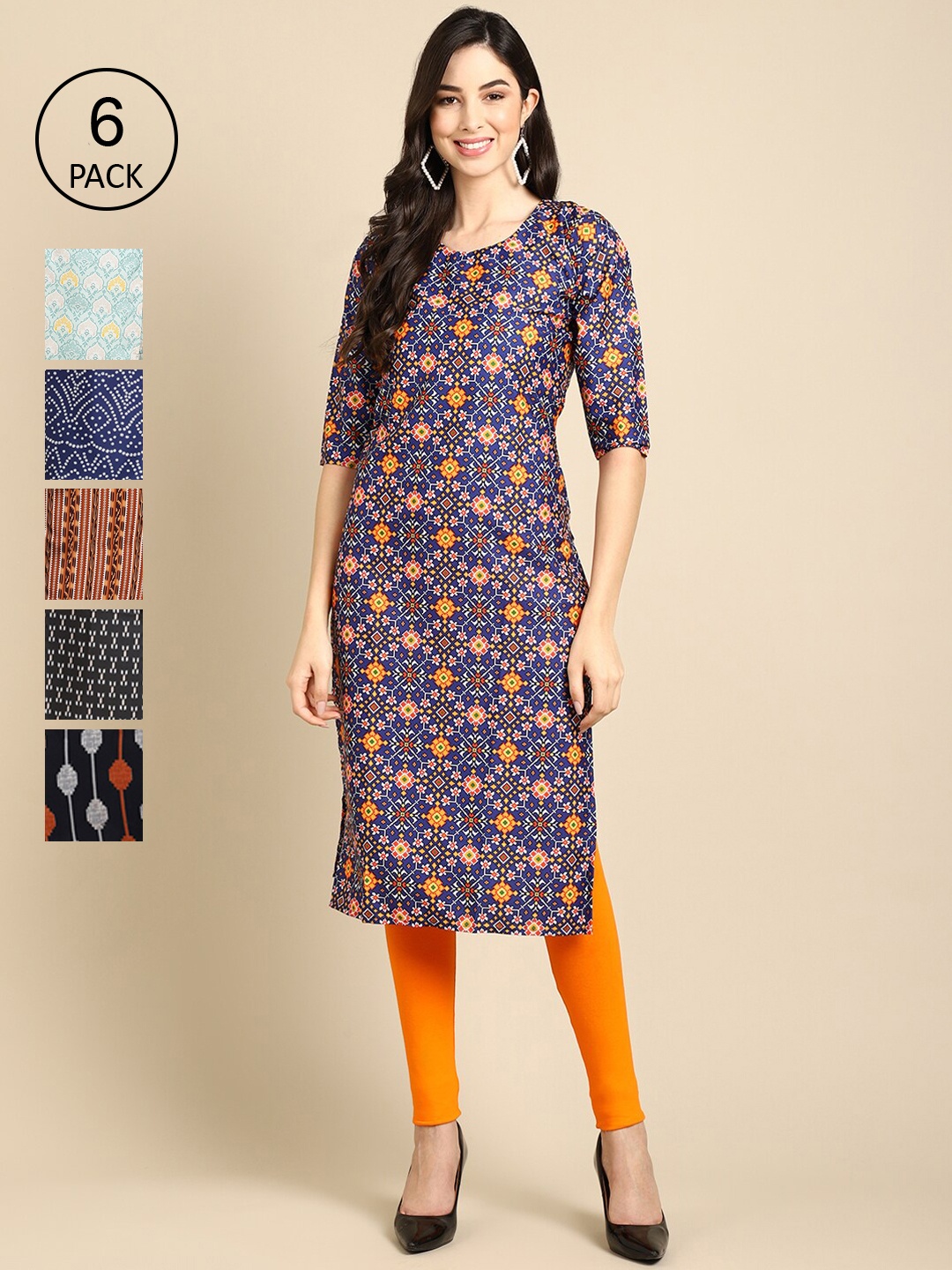

7Threads Women Printed Crepe Kurta Pack of 6, Blue