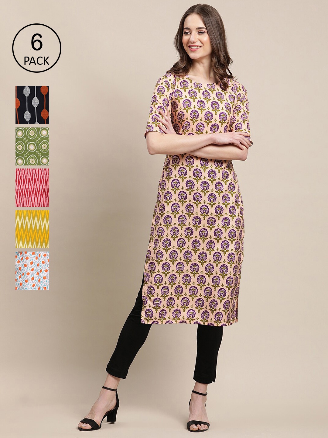 

7Threads Women Pack Of 6 Ethnic Motifs Printed Crepe Kurta, Multi