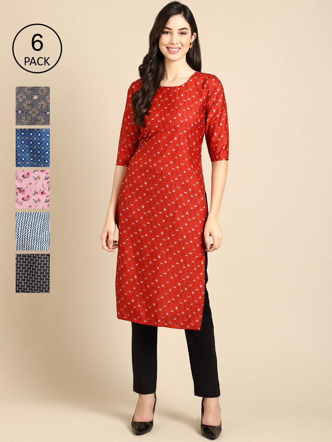

7Threads Women Pack Of 6 Geometric Printed Crepe Kurta, Multi